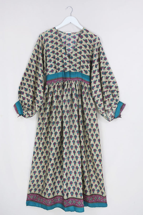 Rosemary Maxi Dress - Vintage Indian Sari - Turquoise & Berry Jewelled Motif - Size S/M By All About Audrey
