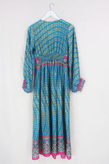 Rosemary Maxi Dress - Vintage Indian Sari - Azure & Sand Baroque - Size S/M By All About Audrey