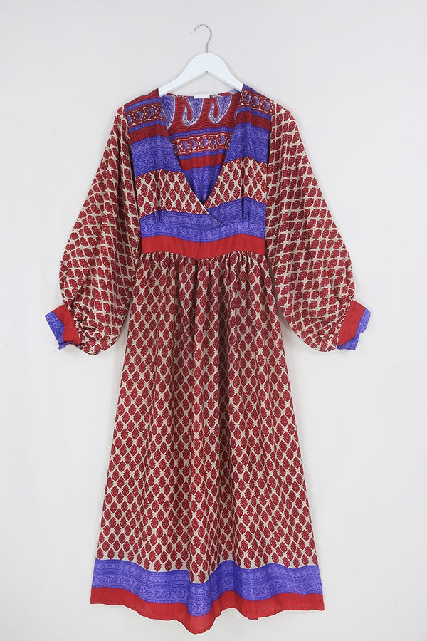 Rosemary Maxi Dress - Vintage Indian Sari - Ecru & Ruby Rosebud Motif - Size XS/S By All About Audrey