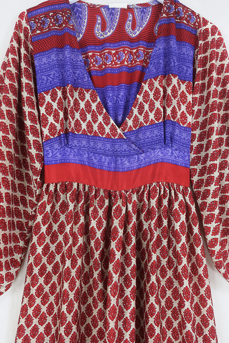 Rosemary Maxi Dress - Vintage Indian Sari - Ecru & Ruby Rosebud Motif - Size XS/S By All About Audrey