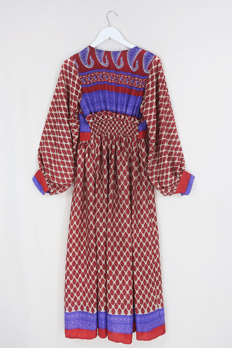 Rosemary Maxi Dress - Vintage Indian Sari - Ecru & Ruby Rosebud Motif - Size XS/S By All About Audrey