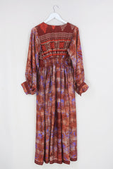 Rosemary Maxi Dress - Vintage Indian Sari - Lilac Lotus & Brown Sugar Abstract - Size XS/S by All About Audrey