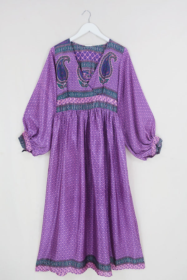 Rosemary Maxi Dress - Vintage Indian Sari - Pearl Pink & Lavender Mosaic - Size S/M By All About Audrey