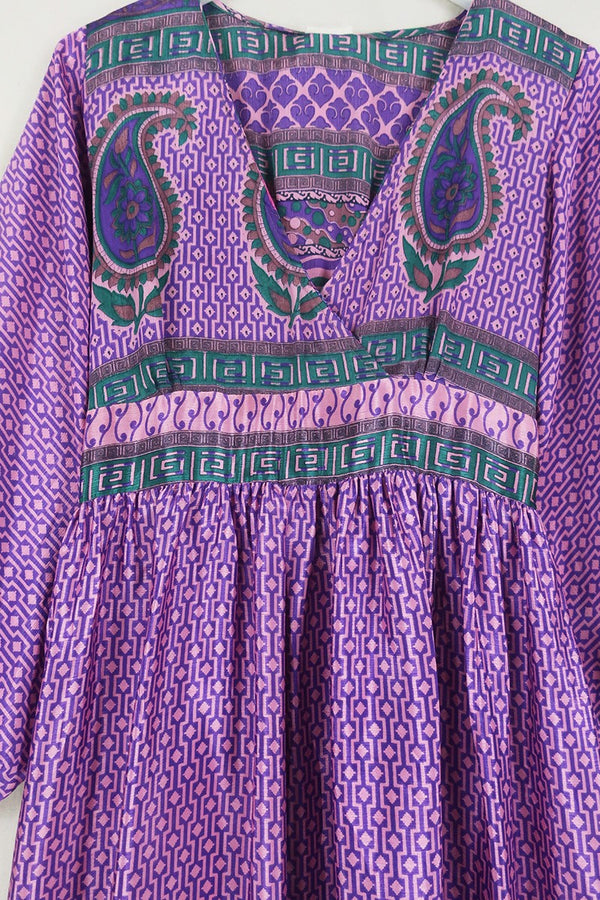 Rosemary Maxi Dress - Vintage Indian Sari - Pearl Pink & Lavender Mosaic - Size S/M By All About Audrey