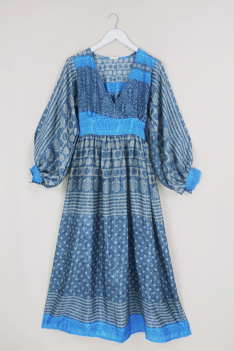 Rosemary Maxi Dress - Vintage Indian Sari - Stormy Grey & Blue Sky Patchwork - Size XS/S By All About Audrey