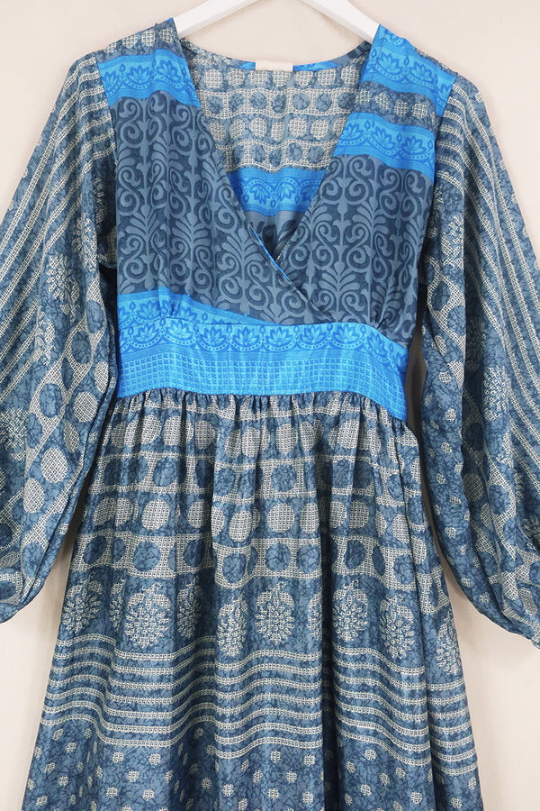 Rosemary Maxi Dress - Vintage Indian Sari - Stormy Grey & Blue Sky Patchwork - Size XS/S By All About Audrey