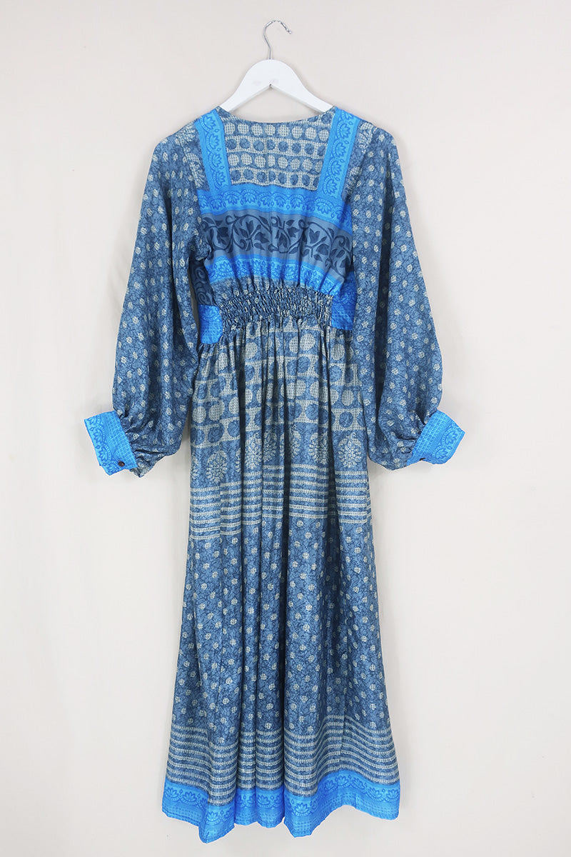 Rosemary Maxi Dress - Vintage Indian Sari - Stormy Grey & Blue Sky Patchwork - Size XS/S By All About Audrey
