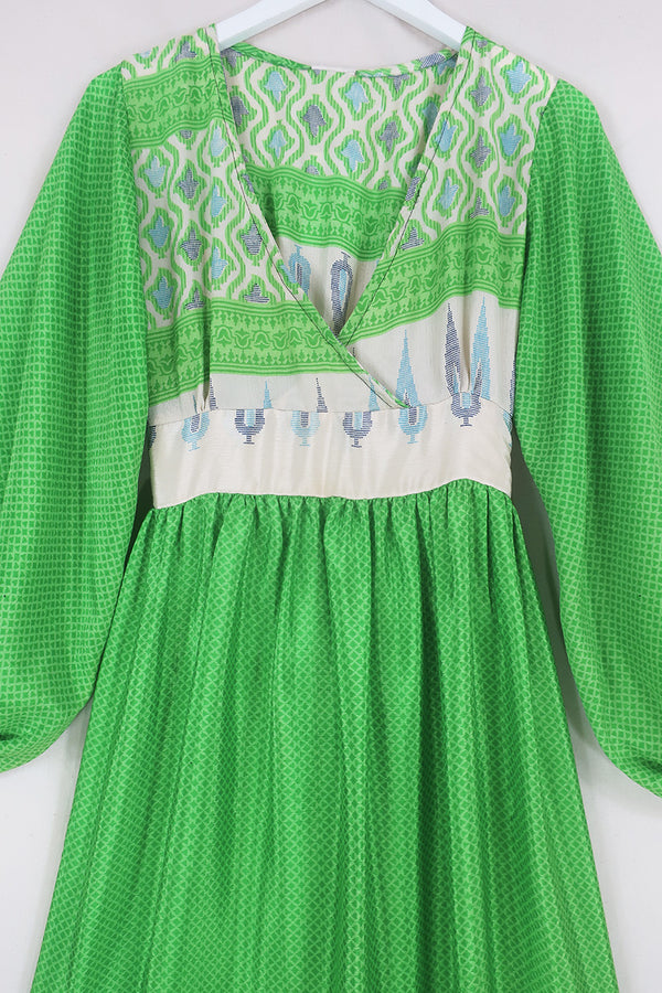 Rosemary Maxi Dress - Vintage Indian Sari - Lime Green & Pampas Grass - Size XS/S By All About Audrey