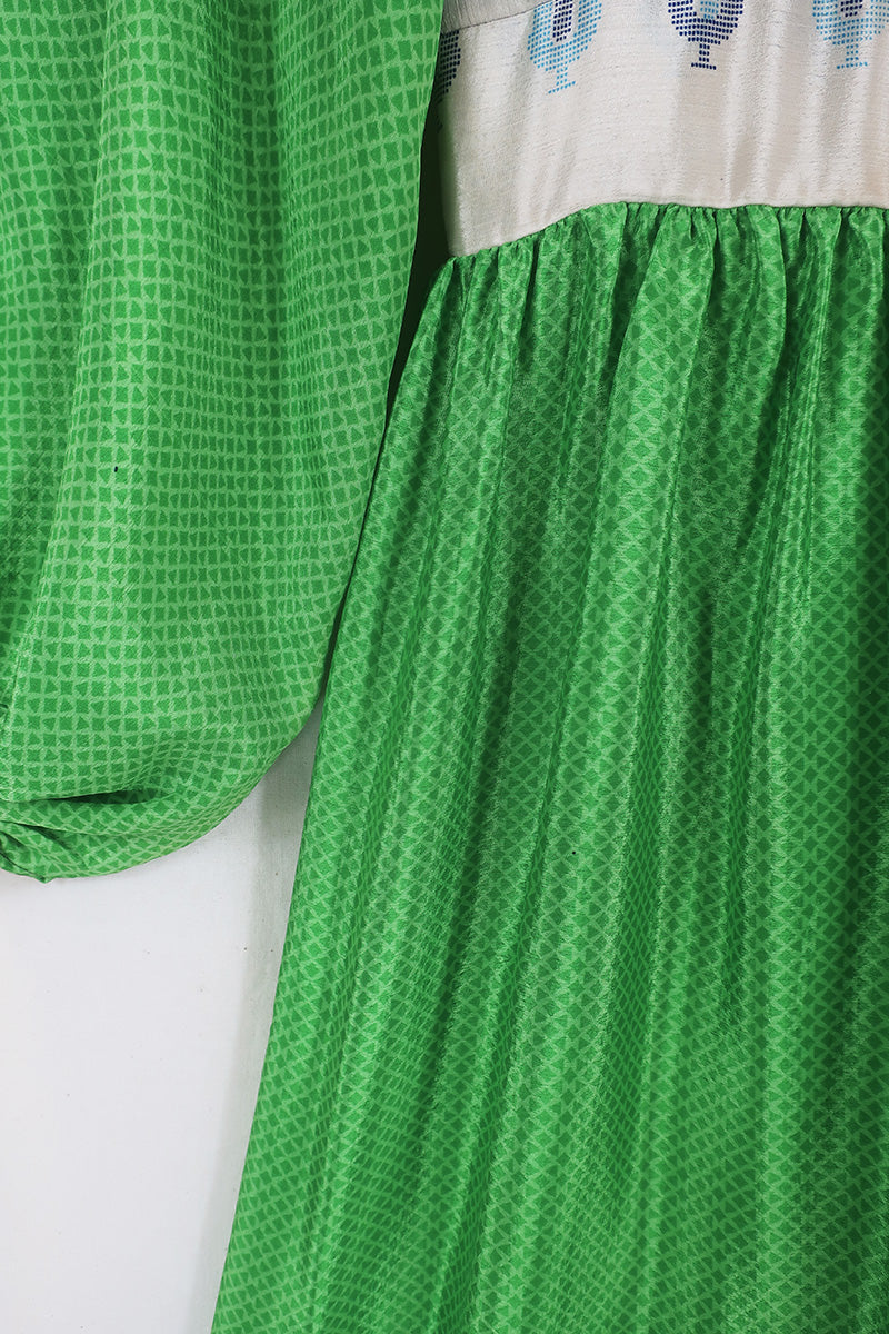 Rosemary Maxi Dress - Vintage Indian Sari - Lime Green & Pampas Grass - Size XS/S