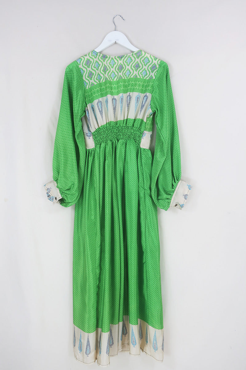 Rosemary Maxi Dress - Vintage Indian Sari - Lime Green & Pampas Grass - Size XS/S By All About Audrey