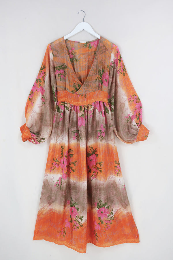 Rosemary Maxi Dress - Vintage Indian Sari - Soft Sunset Flowers - Size XS/S by All About Audrey