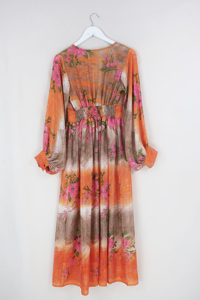 Rosemary Maxi Dress - Vintage Indian Sari - Soft Sunset Flowers - Size XS/S by All About Audrey