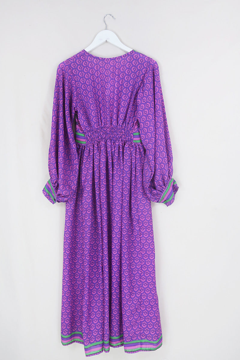 Rosemary Maxi Dress - Vintage Indian Sari - Fuchsia & Sapphire Flower Motif - Size XS/S By All About Audrey