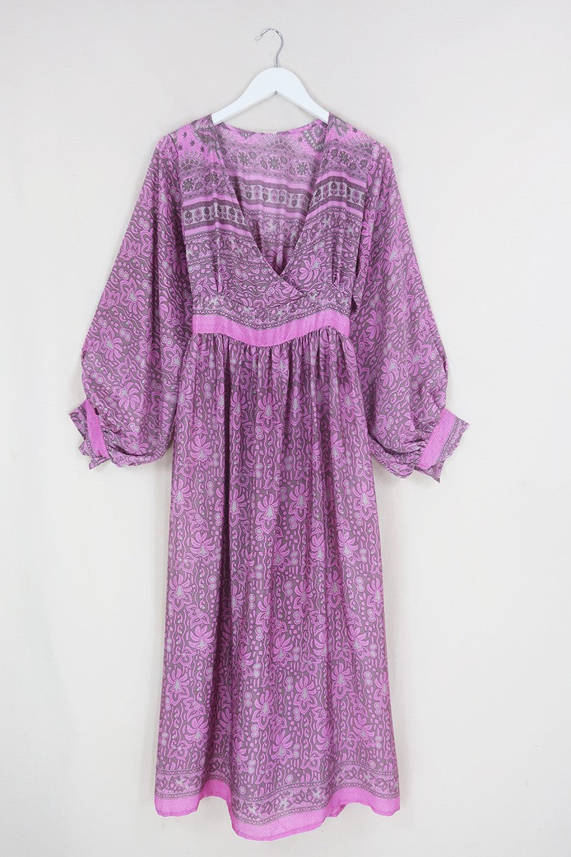 Rosemary Maxi Dress - Vintage Indian Sari - Dusty Mauve & Pink Flowers - Size XS/S