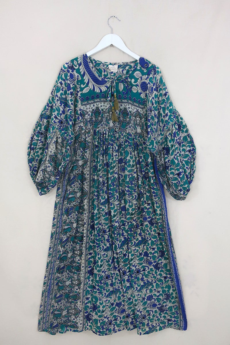 Daisy Maxi Smock Dress - Deep Sea Blue Floral Dancers - Vintage Indian Cotton - Size S/M by All About Audrey
