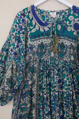 Daisy Maxi Smock Dress - Deep Sea Blue Floral Dancers - Vintage Indian Cotton - Size S/M by All About Audrey