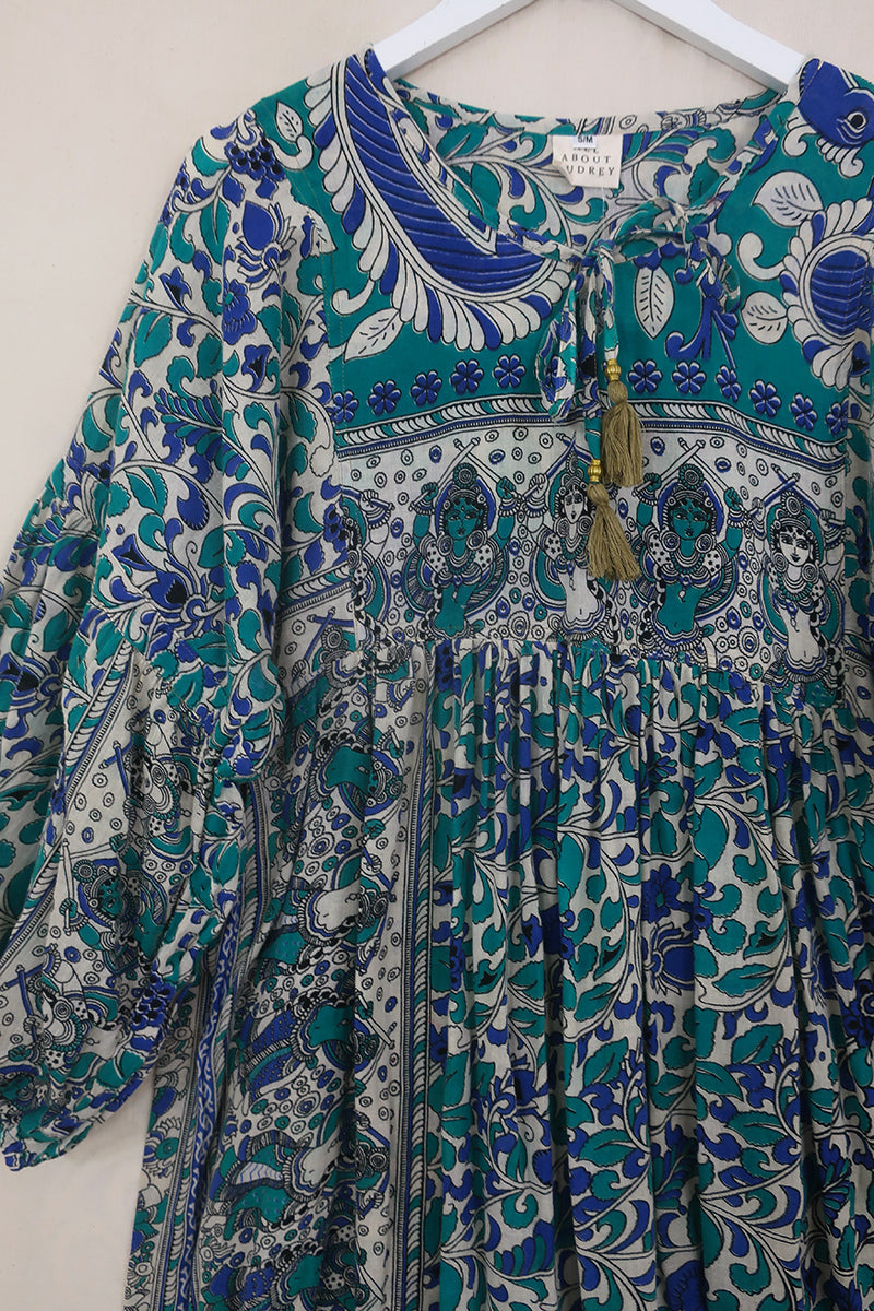 Daisy Maxi Smock Dress - Deep Sea Blue Floral Dancers - Vintage Indian Cotton - Size S/M by All About Audrey