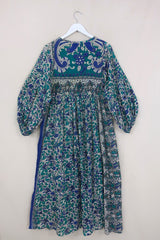 Daisy Maxi Smock Dress - Deep Sea Blue Floral Dancers - Vintage Indian Cotton - Size S/M by All About Audrey