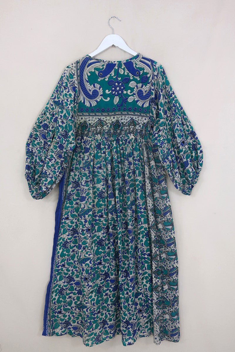 Daisy Maxi Smock Dress - Deep Sea Blue Floral Dancers - Vintage Indian Cotton - Size S/M by All About Audrey