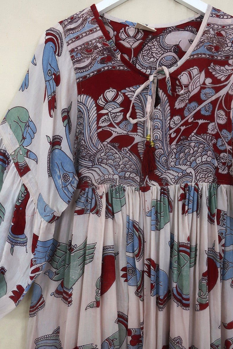 Daisy Midi Smock Dress - Periwinkle Peacock Dancer - Vintage Indian Cotton - Size XS