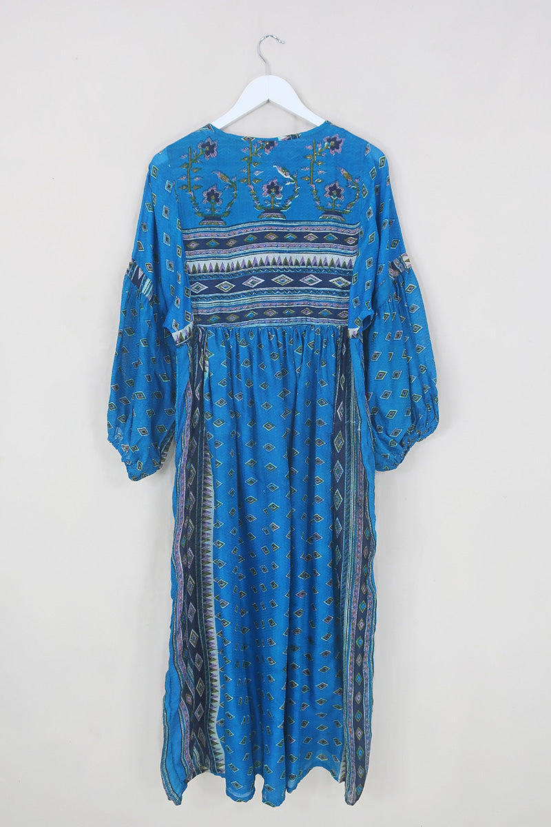 Daisy Midi Smock Dress - Crystal Blue Diamond Print - Vintage Indian Cotton - Size XS By All About Audrey