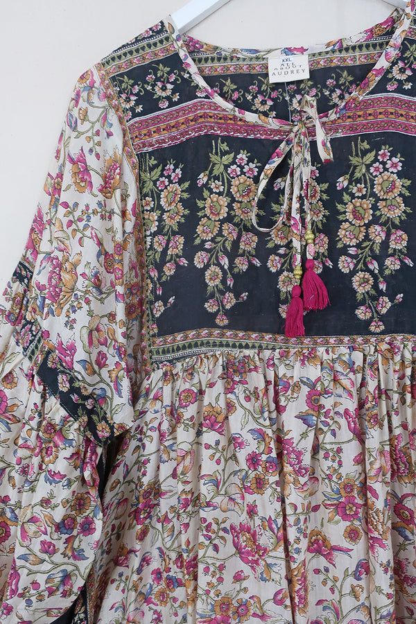 Daisy Midi Smock Dress - Antique Noir & Pink Folk Floral - Vintage Indian Cotton - Size XXL All About Audrey