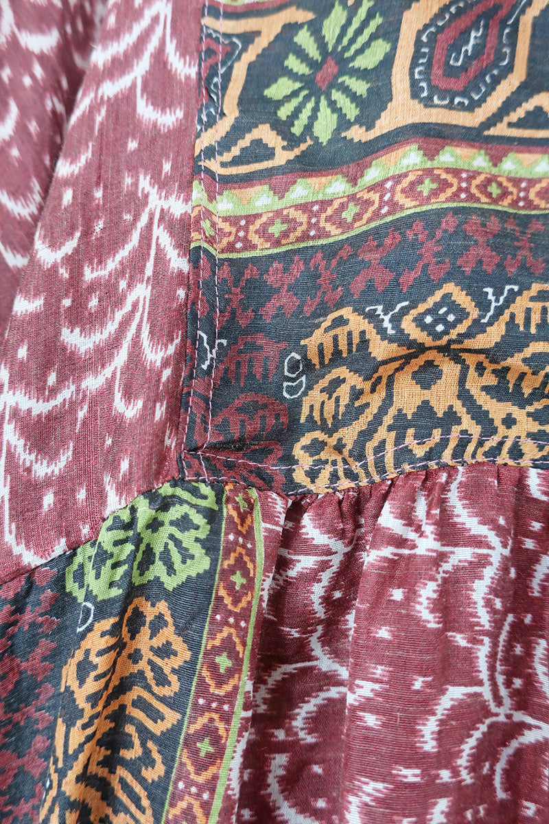 SALE Daisy Midi Smock Dress - Burgundy & Snow Reeds - Vintage Indian Cotton - Size S/M