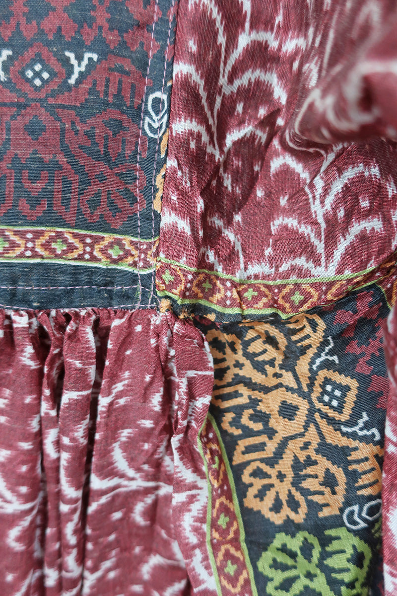 SALE Daisy Midi Smock Dress - Burgundy & Snow Reeds - Vintage Indian Cotton - Size S/M