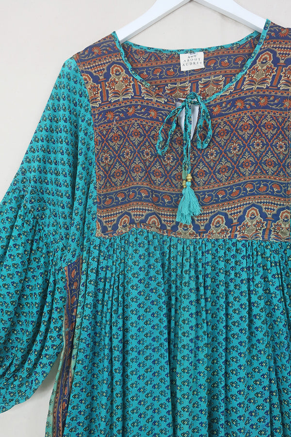 Daisy Midi Smock Dress - Turquoise & Terracotta Tiles - Vintage Indian Cotton - Size S/M By All About Audrey