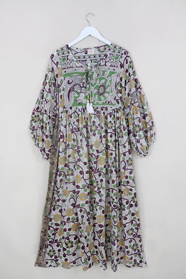 Daisy Midi Smock Dress - Salt White, Maroon & Sage Peacocks - Vintage Indian Cotton - Size M/L