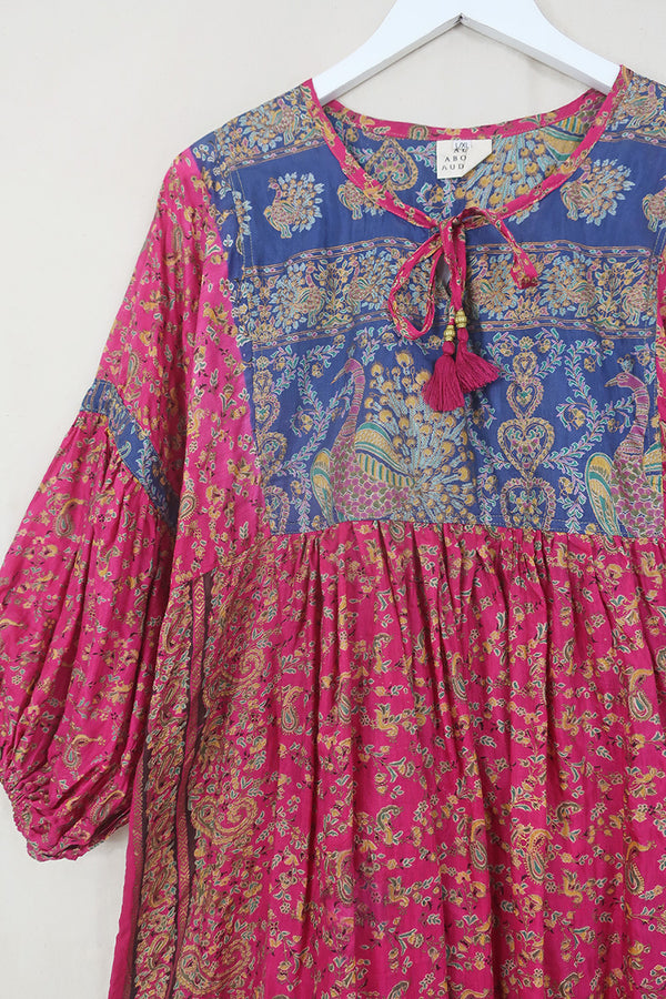 Daisy Midi Smock Dress - Bright Rouge & Navy Painted Peacocks - Vintage Indian Cotton - Size L/XL By All About Audrey