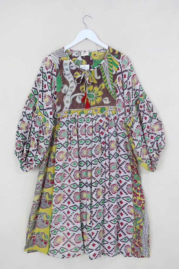 Daisy Midi Smock Dress - Cloud Grey & Lemon Trees - Vintage Indian Cotton - Size L/XL By All About Audrey