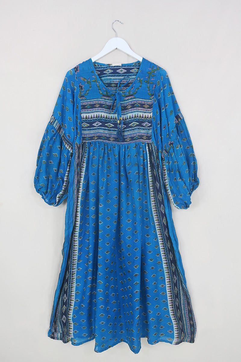 Daisy Midi Smock Dress - Crystal Blue Diamond Print - Vintage Indian Cotton - Size XS By All About Audrey