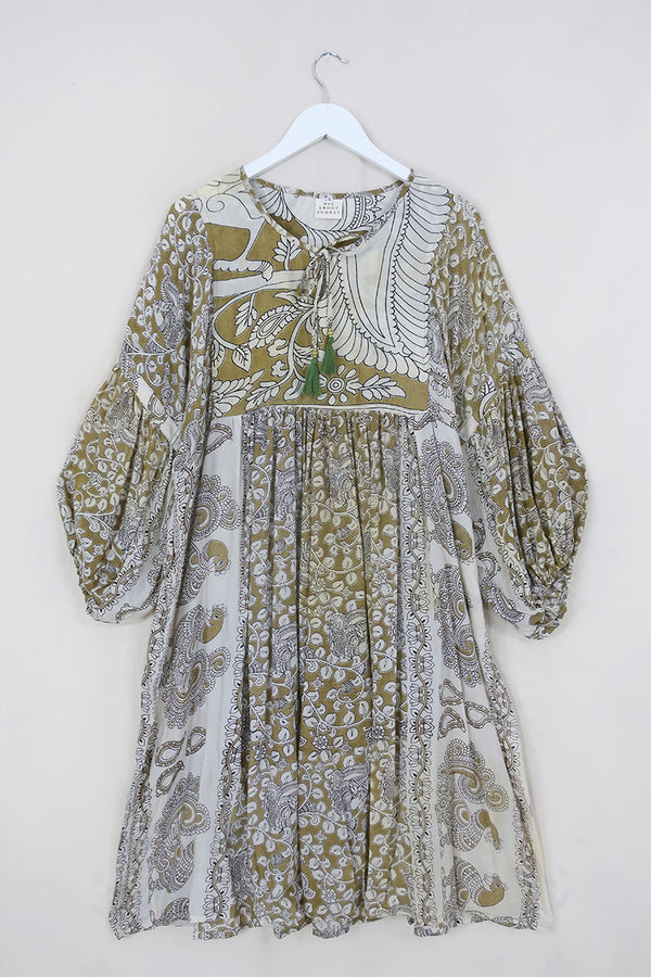 Daisy Midi Smock Dress - Ivory & Moss Kalamkari Style Peaocks - Vintage Indian Cotton - Size L/XL By All About Audrey