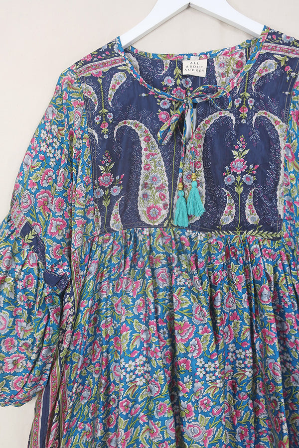 Daisy Midi Smock Dress - Indigo & Cherry Pink Bloom - Vintage Indian Cotton - Size L/XL by All About Audrey