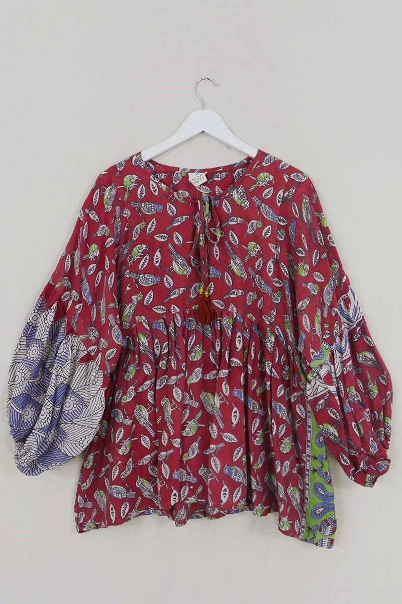 Daisy Smock Top - Scarlet Singing Birds - Vintage Cotton - Size M/L