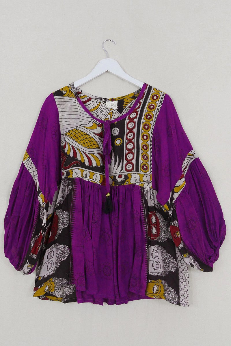 Daisy Smock Top - Purple & Ochre Flower Faces - Vintage Cotton - Size M/L by All About Audrey