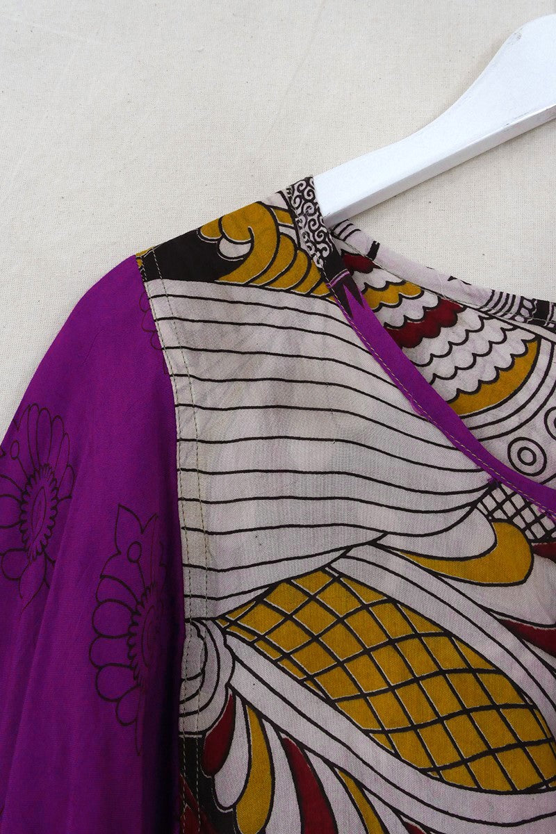 Daisy Smock Top - Purple & Ochre Flower Portraits - Vintage Cotton - Size M/L