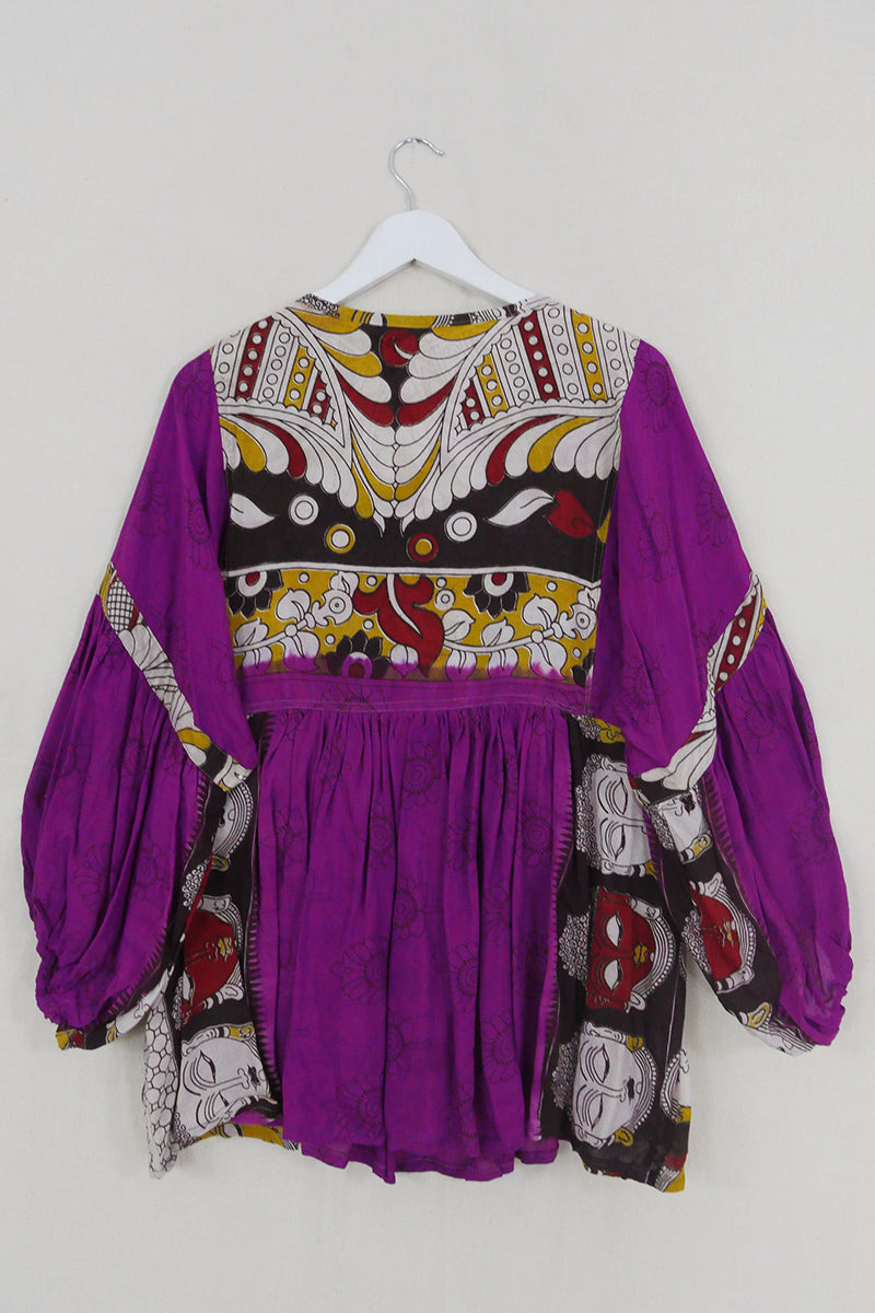 Daisy Smock Top - Purple & Ochre Flower Faces - Vintage Cotton - Size M/L by All About Audrey