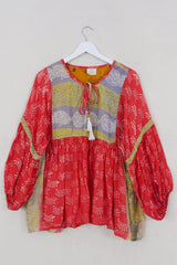 SALE Daisy Smock Top - Coral & Mauve Batik Ferns - Vintage Cotton - Size S/M