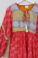 SALE Daisy Smock Top - Coral & Mauve Batik Ferns - Vintage Cotton - Size S/M
