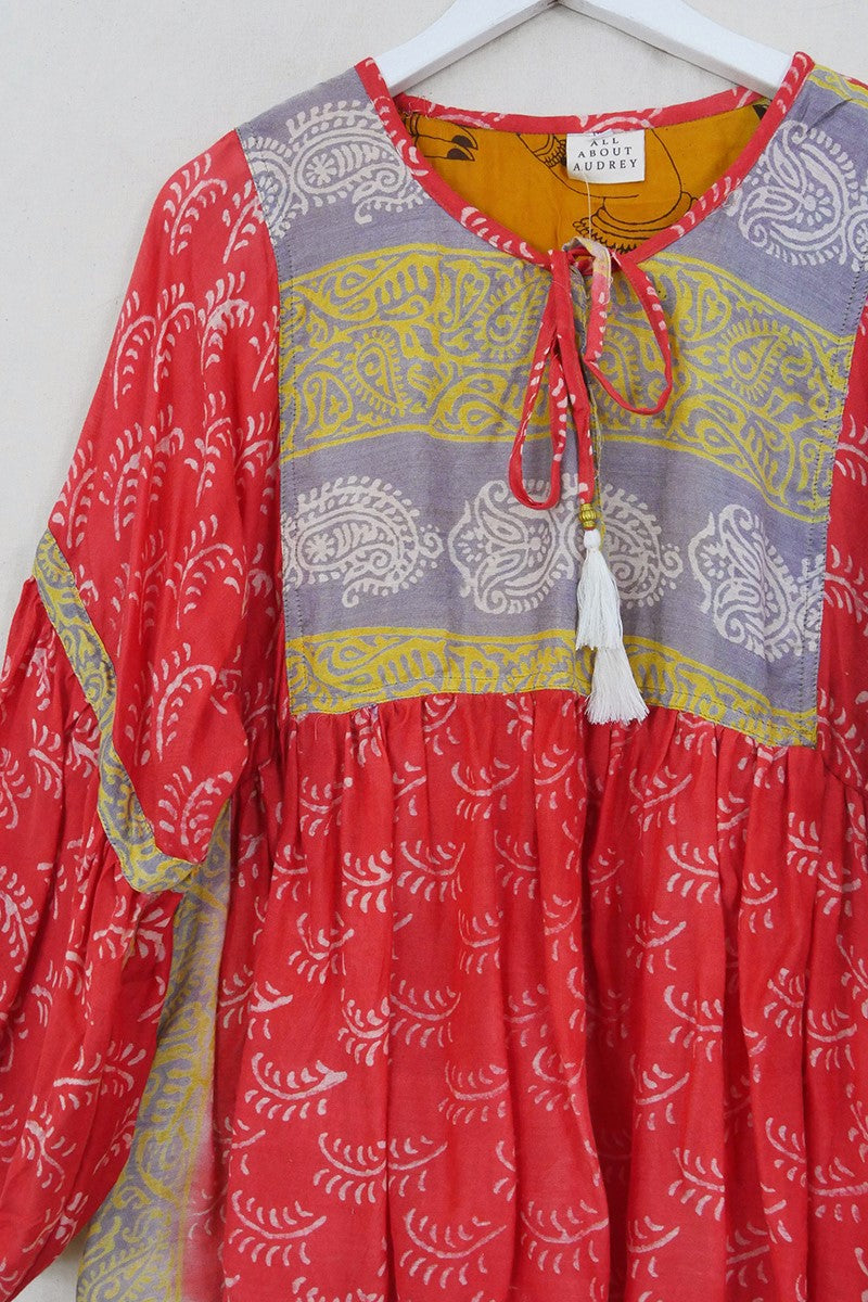 SALE Daisy Smock Top - Coral & Mauve Batik Ferns - Vintage Cotton - Size S/M