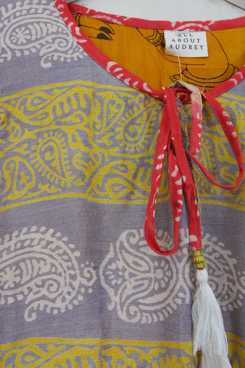 SALE Daisy Smock Top - Coral & Mauve Batik Ferns - Vintage Cotton - Size S/M