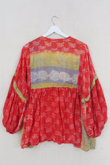 SALE Daisy Smock Top - Coral & Mauve Batik Ferns - Vintage Cotton - Size S/M