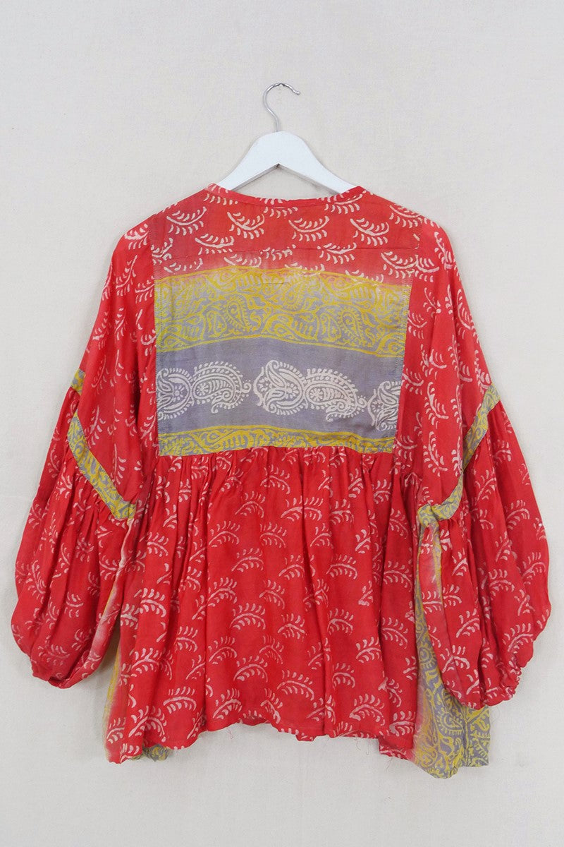 SALE Daisy Smock Top - Coral & Mauve Batik Ferns - Vintage Cotton - Size S/M