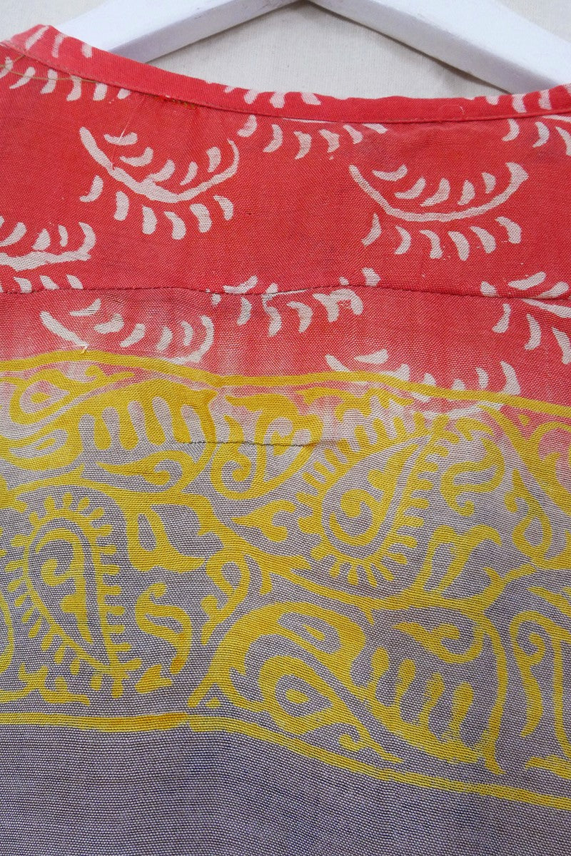 SALE Daisy Smock Top - Coral & Mauve Batik Ferns - Vintage Cotton - Size S/M
