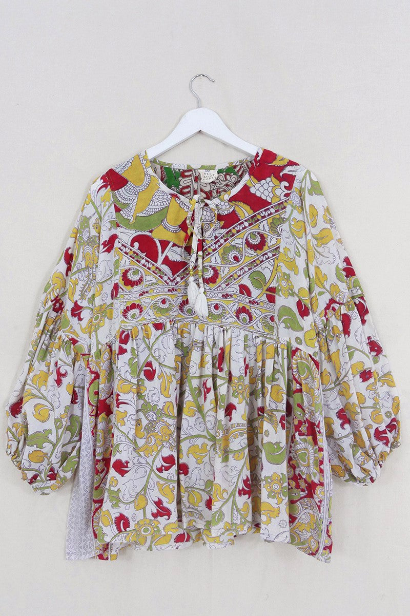 Daisy Smock Top - Butter & Burnt Umber Floral - Vintage Cotton - Size S/M