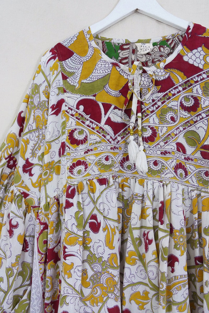 Daisy Smock Top - Butter & Burnt Umber Floral - Vintage Cotton - Size S/M