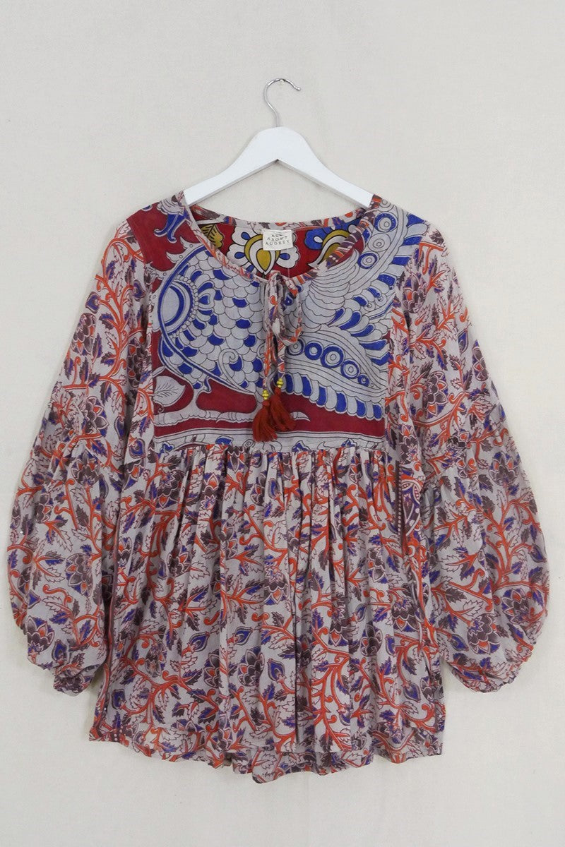 Daisy Smock Top - Ruby & Rust Feathers - Vintage Cotton - Size XS by All About Audrey