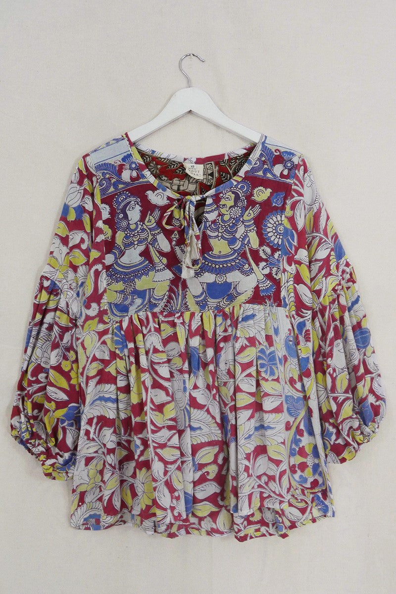 Daisy Smock Top - Claret Red Dancers & Birds - Vintage Cotton - Size XS